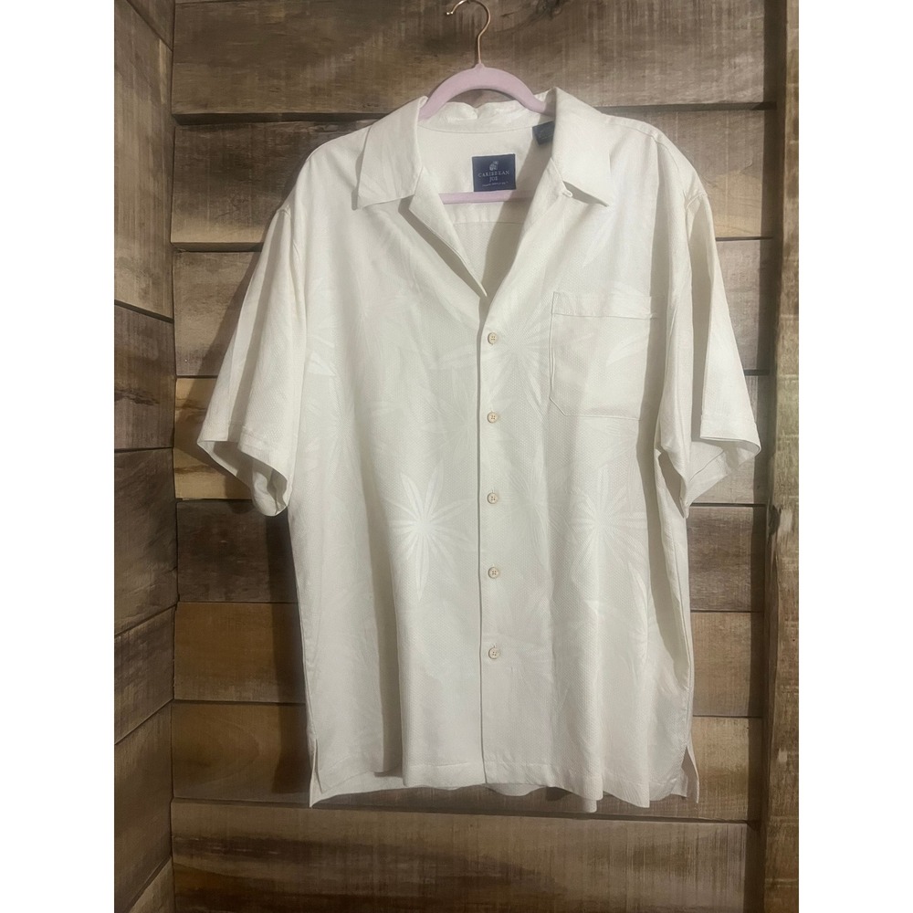Caribbean Joe Mens 100% Silk Camp Shirt Off White Tropical Floral Jacquard Large